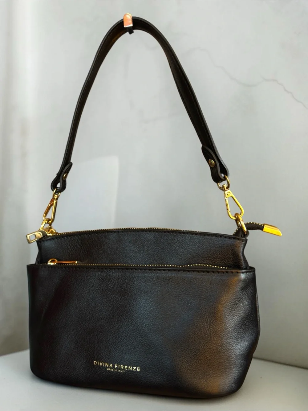 Divina Firenze Lilla Triple-Zip Black Italian Pebbled Leather Shoulder Bag.
